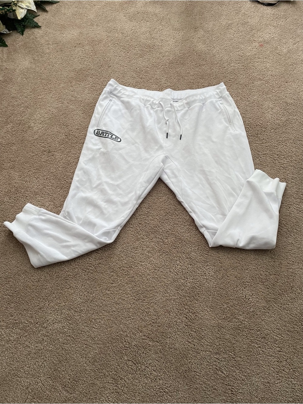 Men's White Jogger Sweatpants with 'Battle' Patch